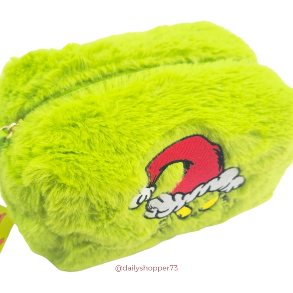 The Grinch x Primark Faux Fur Lime Green Embroidered Lined Zippered Cosmetic Bag - Picture 2 of 6